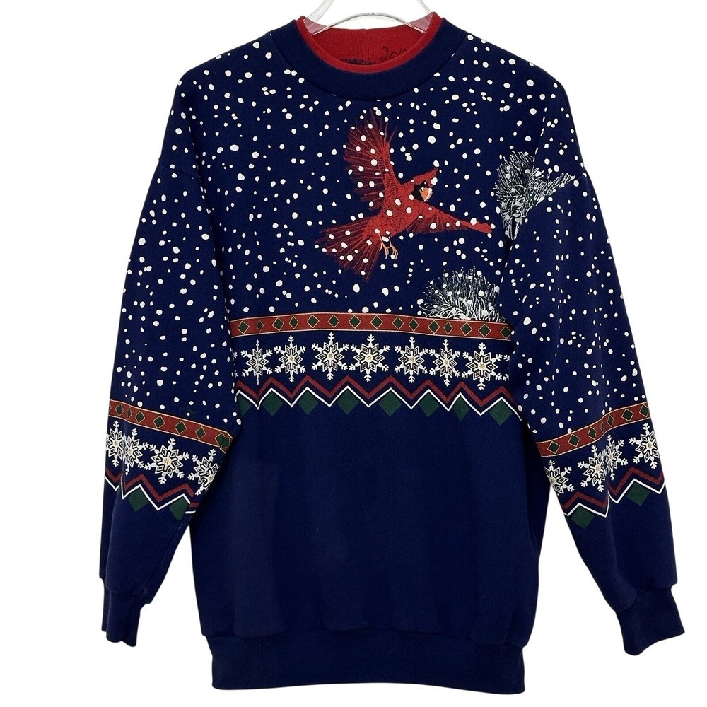VTG Orvis Womens Sweater S Blue Red 3D Painted Cardinal Bird Lover Nature Cozy